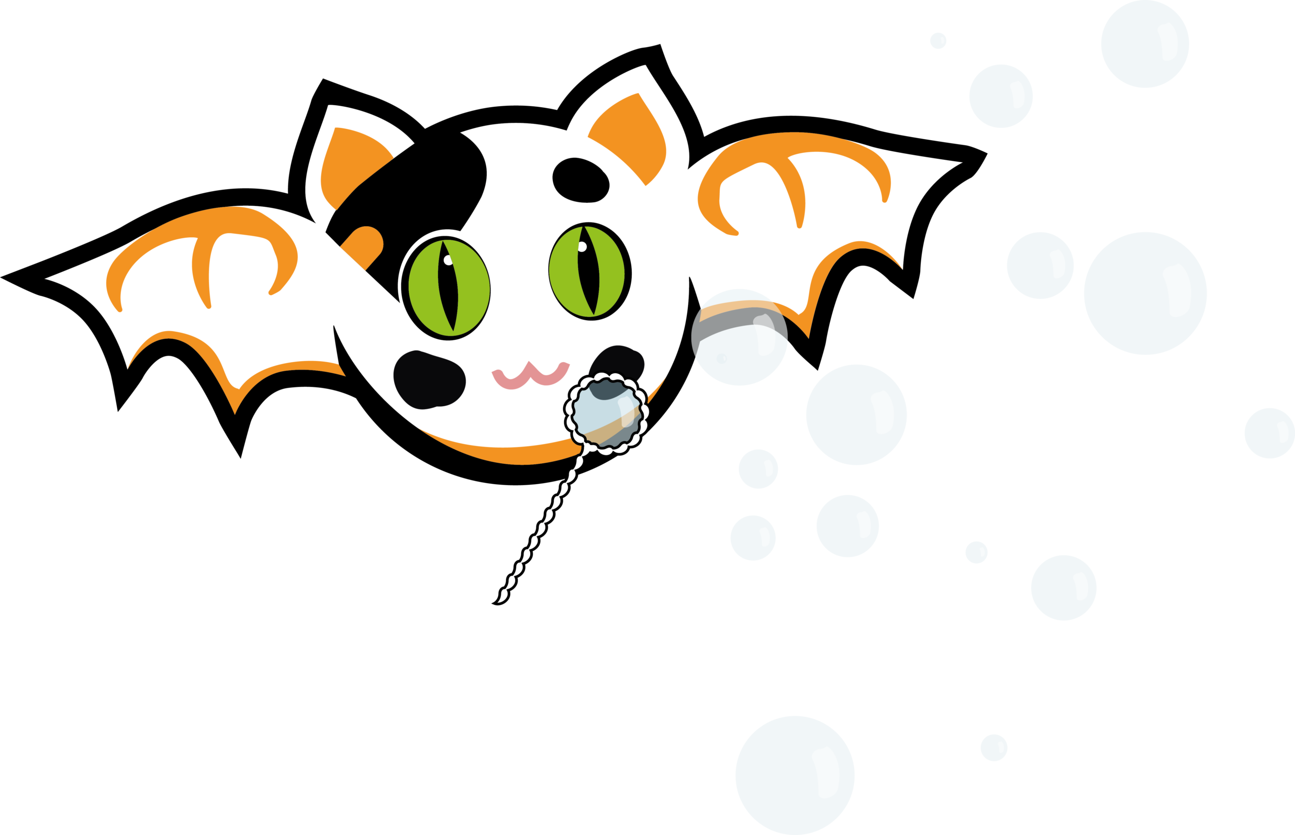 A calico cat with piercing green eyes is playfully blowing bubbles