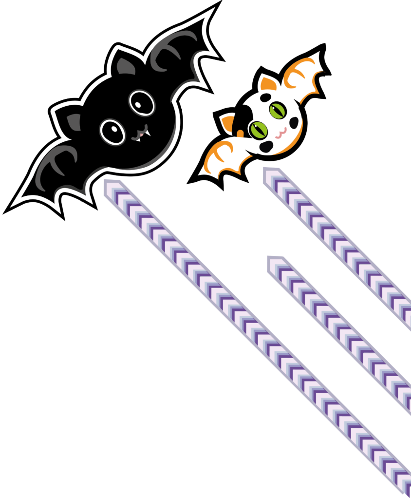 A pair of CatBats, one black, one calico, are. flying through the air towards you, to remind you that CatBats are a great gift for cat lovers and you should get one.