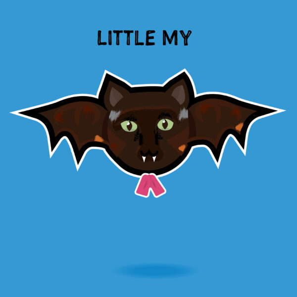 Little My is a true tortoishell CatBat, with a mix of blacks, dark browns, reds and oranges. She is wearing a pink bow for her namesake.