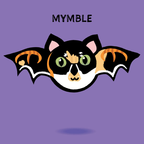 Mymble is a calico CatBat with a white belly, black nose and green eyes.