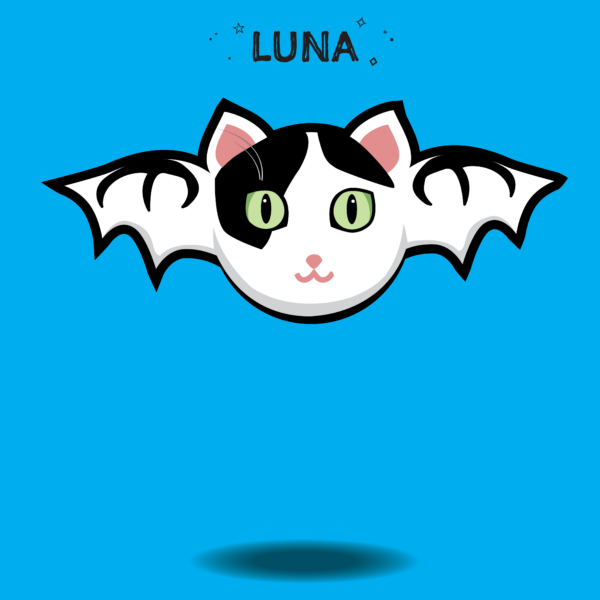 White and black catbat Luna bobs on a sky blue background. She has a proper emo fringe and nice eyeliner.