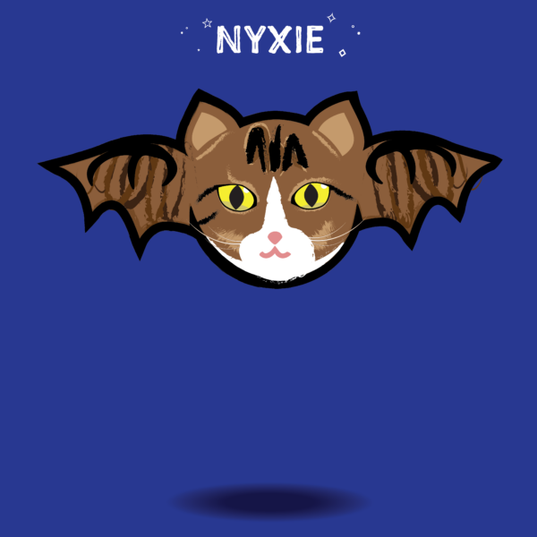 Nyxie the catbat floats in a dark blue background, she has the classic tabby M on her forehead and a white muzzle.
