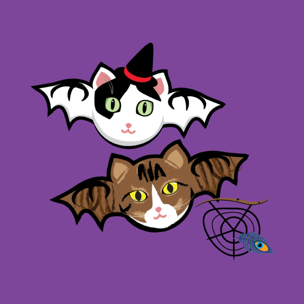 Luna and Nyxie are doing witchy business on a purple background. Luna is at the top, wearing a black witches hat with a red band. Nyxie is holding a shamble with a peacock feather in it.